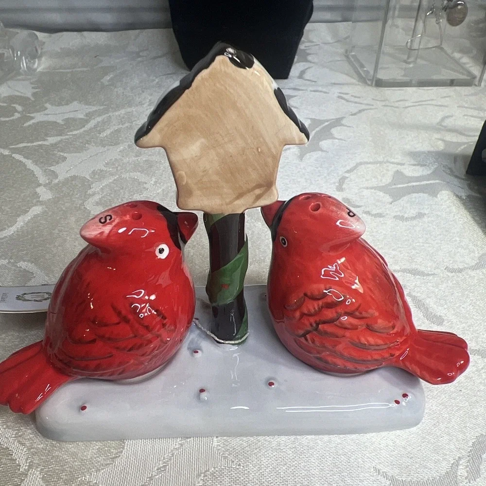 Pier 1 Ceramic Cardinal Salt & Pepper Shaker Set Christmas Winter Birdhouse